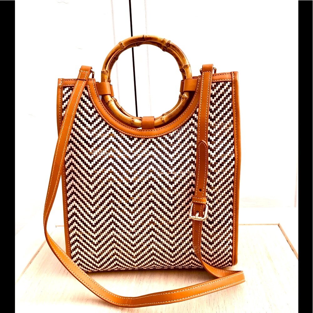 Chevron Pattern Tote Bag with Bamboo Handles